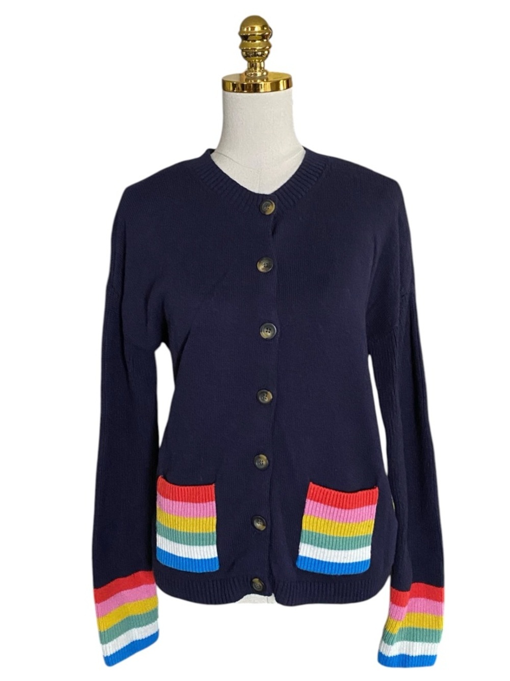 Boden Women Navy Rainbow Stripe Wool Cashmere Blend Button Front Cardigan Size 2